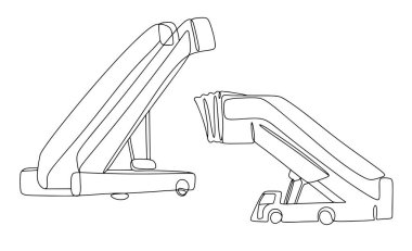 Uçağa binen ve inen yolcular için bir merdiven. Uluslararası Sivil Havacılık Günü. Farklı kullanım alanları için bir çizgi. Vektör illüstrasyonu.