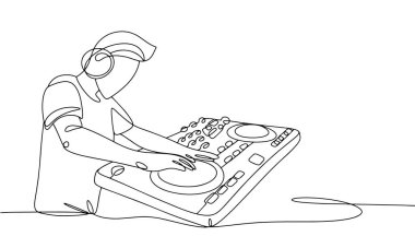 Kulaklık takan bir DJ konsolun önünde duruyor ve tekno müzik yapıyor. Dünya Tekno Günü. Farklı kullanım alanları için bir çizgi. Vektör illüstrasyonu.