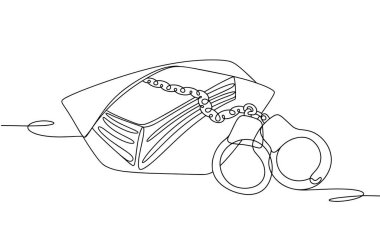 Bir zarf ve kelepçe içinde büyük miktarda para. Rüşvetin kabul edilemezliği. Uluslararası Yolsuzlukla Mücadele Günü. Farklı kullanım alanları için bir çizgi. Vektör illüstrasyonu.