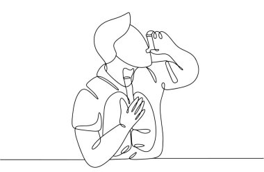 Adamın astımı var. Boğulma semptomlarını azaltmak için astım spreyi. Dünya Astım Günü. Farklı kullanım alanları için bir çizgi. Vektör illüstrasyonu.