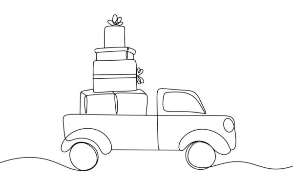 В машине много подарков. Праздничная иллюстрация. День бокса. Один рисунок линии для различных целей. Векторная иллюстрация.