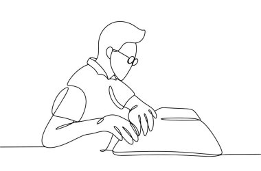 Kör bir adam körler alfabesi kullanarak kitap okur. Özel ihtiyaçları olan insanlarla ilgilenmek. Dünya Braille Günü. Farklı kullanım alanları için bir çizgi. Vektör illüstrasyonu.