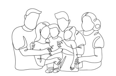 Büyük mutlu bir aile. Ebeveynler, çocuklar ve büyükanneler. Uluslararası Aile Günü. Farklı kullanım alanları için bir çizgi. Vektör illüstrasyonu.