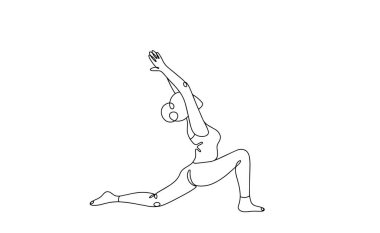 Kız yoga yapıyor. Vücudun kaslarını esnet. Uluslararası Kadın Spor Günü. Vektör çizimi. Herhangi bir aşamada herhangi bir yapay zeka yazılımı kullanılmadan üretilen resimler. 