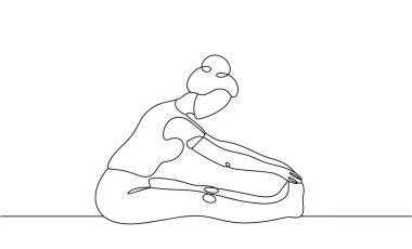 Bir kadın kas germe egzersizi yapar. Uluslararası Kadın Spor Günü. Vektör çizimi. Herhangi bir aşamada herhangi bir yapay zeka yazılımı kullanılmadan üretilen resimler. 