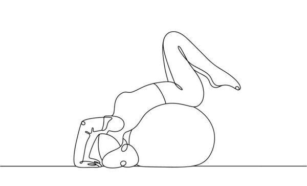  Женщина растягивает мышцы спины на фитболе. Международный женский день спорта. Векторная иллюстрация. Изображения, созданные без использования какой-либо формы программного обеспечения ИИ на любом этапе. 