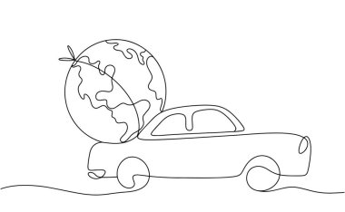 Gezegeni bir yolcu vagonu taşır. Dünya Otomobil Günü. Vektör çizimi. Herhangi bir aşamada herhangi bir yapay zeka yazılımı kullanılmadan üretilen resimler. 