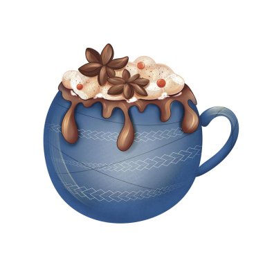 Bir fincan sıcak çikolata, marşmelov, kakule ve böğürtlen. İzler, kartlar, web siteleri ve daha fazlası için resim. 