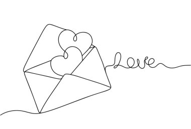 İçinde iki kalp olan açık bir zarf. Sevgililer Günü. Vektör çizimi. Herhangi bir aşamada herhangi bir yapay zeka yazılımı kullanılmadan üretilen resimler. 