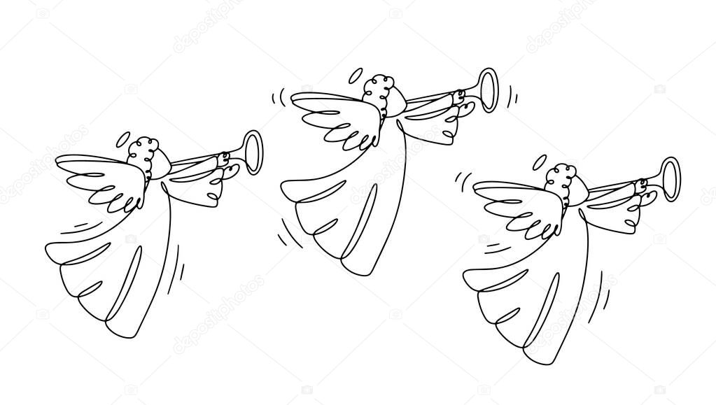 Three angels with trumpets are flying. Christian symbol of joy and good news. Vector illustration. Images produced without the use of any form of AI software at any stage.