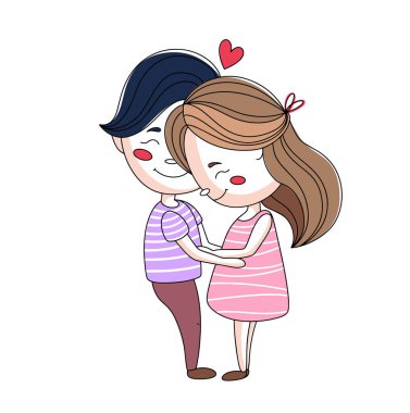 Birbirlerine aşık şirin bir çift. Sevgililer Günü. Renkli vektör çizimi. Herhangi bir aşamada herhangi bir yapay zeka yazılımı kullanılmadan üretilen resimler. 