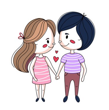 Sevgililer el ele tutuşur. Sevgililer Günü. Renkli vektör çizimi. Herhangi bir aşamada herhangi bir yapay zeka yazılımı kullanılmadan üretilen resimler. 