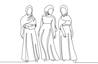 Müslüman kılığında bir model. Uzun elbise ve örtülü kafa. Üç tesettürlü kadın. İslam kültürünün özellikleri. Dünya Başörtüsü Günü. Herhangi bir aşamada herhangi bir yapay zeka yazılımı kullanılmadan üretilen resimler. 