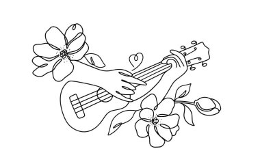 Ukulele çalan bir müzisyenin elleri. Etrafımızda çiçekler açıyor. Farklı kullanımlar için illüstrasyon. Dünya Ukulele Günü. Herhangi bir aşamada herhangi bir yapay zeka yazılımı kullanılmadan üretilen resimler. 