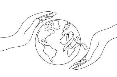 Hands protect the planet. Planet Earth with anti-cancer ribbon. World medical problem. Prevention of oncology. Vector. Images produced without the use of any form of AI software at any stage. 
