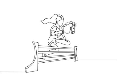A girl jumps over a barrier on a hobbyhorse. Active sport. Jumping with a toy horse. Modern hobby. Vector illustration. Images produced without the use of any form of AI software at any stage.  clipart