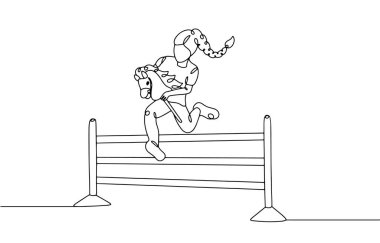 A girl jumps over a barrier on a hobbyhorse. Active sport. Jumping with a toy horse. Modern hobby. Vector illustration. Images produced without the use of any form of AI software at any stage.  clipart