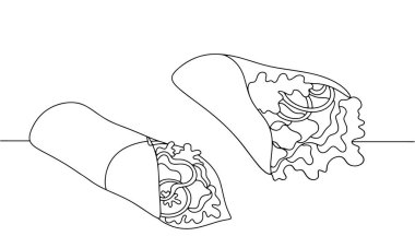 Farklı dolgulu iki shawarma ve farklı şekillerde pide ekmeği sarma. Lezzetli et yemeği. Vektör çizimi. Herhangi bir aşamada herhangi bir yapay zeka yazılımı kullanılmadan üretilen resimler. 