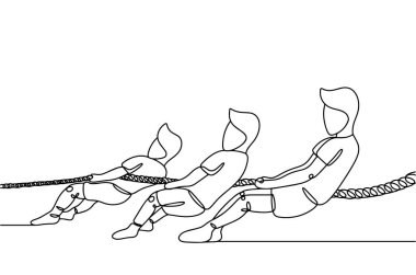 Üç adam onlara doğru bir ip çekiyor. Savaş çekişmesi. Takım çalışması. Uluslararası Savaş Çekicisi Günü. Herhangi bir aşamada herhangi bir yapay zeka yazılımı kullanılmadan üretilen resimler. 