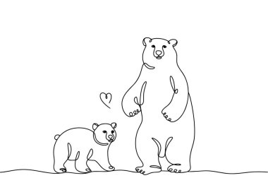 Dişi bir kutup ayısı arka ayakları üzerinde duruyor. Yanındaki de yavrusu. Kutup ayısı ailesi. Vektör çizimi. Herhangi bir aşamada herhangi bir yapay zeka yazılımı kullanılmadan üretilen resimler. 