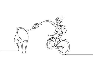 Bisikletlinin biri bisikletten kalkmadan çöpü özel bir çöp kutusuna atıyor. Kullanışlı çöp kutusu. Herhangi bir aşamada herhangi bir yapay zeka yazılımı kullanılmadan üretilen resimler. 