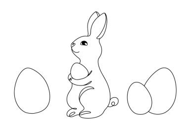 Paskalya tavşanı bir yumurta tutuyor. Çocuklar için ikramlar. Farklı kullanım alanları için Paskalya çizgisi çizimi. Vektör. Herhangi bir aşamada herhangi bir yapay zeka yazılımı kullanılmadan üretilen resimler. 