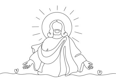 Yüce İsa, bir halenin parıltısında. Geçmişi olmayan dini bir illüstrasyon. Vektör çizimi. Herhangi bir aşamada herhangi bir yapay zeka yazılımı kullanılmadan üretilen resimler. 