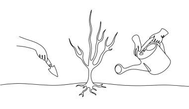 Toprağa bir ağaç dikme süreci. Çevreyi ve doğayı önemsemek. Dünya Ekim günü. Vektör çizimi. Herhangi bir aşamada herhangi bir yapay zeka yazılımı kullanılmadan üretilen resimler. 
