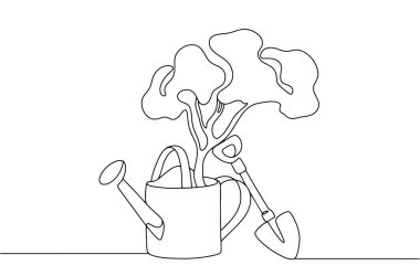 Bir su bidonu ve kürek içinde ağaç fidanı. Ağaç dikmek için aletler. Gezegeni ve ekolojiyi yeşillendiriyor. Vektör. Herhangi bir aşamada herhangi bir yapay zeka yazılımı kullanılmadan üretilen resimler. 