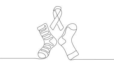 Farklı çoraplar ve kurdele. Down sendromlu insanlara verilen desteğin sembolü. Dünya Down Sendromu Günü. Vektör çizimi. Herhangi bir aşamada herhangi bir yapay zeka yazılımı kullanılmadan üretilen resimler. 