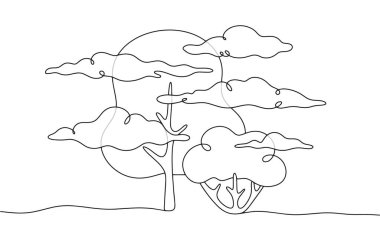 Ağaçları sis kaplıyor. Havada küçük su parçacıklarından oluşan bir su birikintisi. Mat hava. Doğal bir fenomen. Vektör. Yapay zeka kullanılmadan üretilen resimler. 