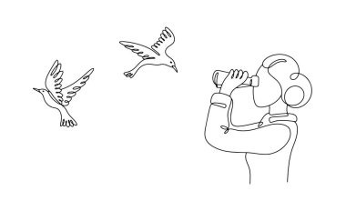 Bir kadın doğal koşullarda kuşların davranışlarını gözlemler. Kuş gözlemciliği. Vektör çizimi. Herhangi bir aşamada herhangi bir yapay zeka yazılımı kullanılmadan üretilen resimler. 