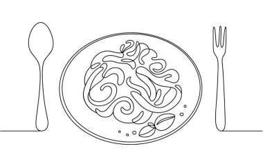 Carbonara makarna ve çatal bıçak takımı çok güzel sunuldu. Geleneksel İtalyan spagettisi. Vektör çizimi. Herhangi bir aşamada herhangi bir yapay zeka yazılımı kullanılmadan üretilen resimler. 