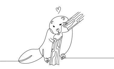 Bir kunduz bir baraj inşa etmek için ağaç gövdesini çiğner. Bir kemirgen dişlerini tahtaya geçirir. Vektör çizimi. Herhangi bir aşamada herhangi bir yapay zeka yazılımı kullanılmadan üretilen resimler. 