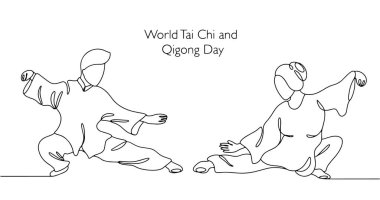 Taizquan dövüş sanatları pratiği yapan kadın ve erkek. Dünya Tai Chi ve Qigong Günü. Vektör çizimi. Herhangi bir aşamada herhangi bir yapay zeka yazılımı kullanılmadan üretilen resimler. 
