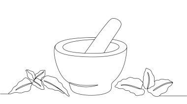 Şifalı bitkiler için havan topu. Homeopatik ilaç hazırlama süreci. Dünya Homeopati Günü. Farklı kullanımlar için basit çizgi illüstrasyonu.