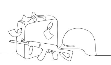 Bir ordu miğferi ve bir makineli tüfekle bir bavulun arka planında para vardı. Orduya ve savaş çabalarına maddi katkı. Askeri Harcamalarda Küresel Eylem Günü. Vektör illüstrasyonu.