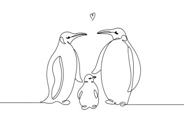 İki yetişkin penguen yavrularını korur. Penguen ailesi. Şirin kuşlar. Dünya Penguen Günü. Beyaz arkaplanda izole edilmiş bir çizgi.