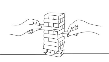 Masa oyunu Jenga. İnsanların sırayla parçalarını çıkardıkları tahta bloklardan yapılmış bir kule. El becerisi, dikkat ve yaratıcılık için tasarlanmış eğlenceli bir masa oyunu.