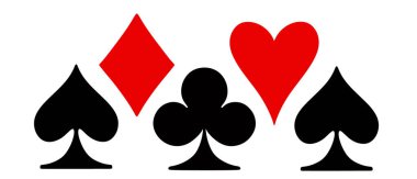 Ana kart takımları maça, elmas, sinek ve kupa. Beyaz arkaplanda siyah ve kırmızı vektör çizimi.