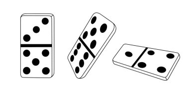 Domino oynamak için noktaları olan tahtalar. Yarısı birbirine dokunan ve aynı sayıda noktaya sahip bir domino zincirinin oluşturulduğu bir masa oyunu. Vektör illüstrasyonu.