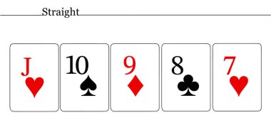 Kumar oyunu pokeri. Farklı takımların temsilcilerinden bir dizi kart. Vale 'den yediye bir kart seti.
