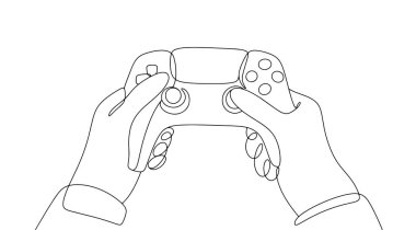 Bir adam elinde bir av alanı tutuyor. Video oyunlarını kontrol etmek için oyun aygıtı. Dinlen ve rahatla. Basit çizgi çizimi.