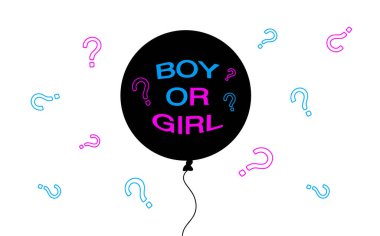 Üzerinde renkli yazılar olan siyah bir balon. Sürpriz top. Doğmamış çocuğun cinsiyeti hakkında bilgi vermek. Renk vektörü illüstrasyonu.