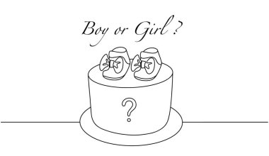 Cinsiyet partisi için pasta. Misafirler için doğmamış çocuğun cinsiyetini öğrenmek için lezzetli bir ziyafet. Pastanın içindeki renk bir erkek ya da kızın doğumunu simgeliyor. Farklı kullanımlar için basit çizgi illüstrasyonu. 
