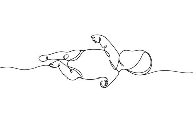 Yeni doğmuş bir bebek sırtüstü yatar ve sağa bakar. Basit çizgi çizimi. Beyaz arkaplanda izole edilmiş vektör. 