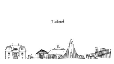 İzlanda 'da en sevdiği turistik yerler. Reykjavik 'in güzelliği ve ihtişamı. Siyah beyaz çizgi çizimi. Vektör.
