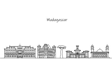 Madagaskar 'ın güzelliği ve rengi. Binalar ve sokak mimarisi. Ada devletinin mimarisi ve doğası. Vektör illüstrasyonu.