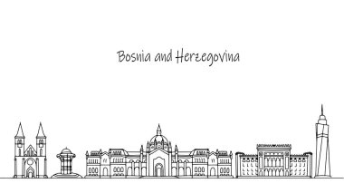 Bosna-Hersek 'in mimarisi ve binaları. Bir Avrupa ülkesini gezmek. Basit çizgi vektör illüstrasyonu.