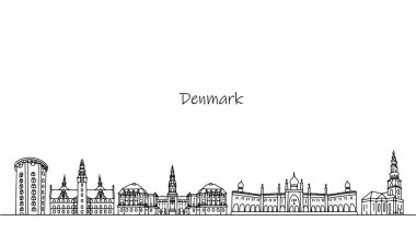 Danimarka 'nın mimarisi ve binaları. Kuzey Avrupa 'da pitoresk bir ülke. Turistler ve gezginler için favori yerler. Farklı kullanımlar için illüstrasyon. Vektör.